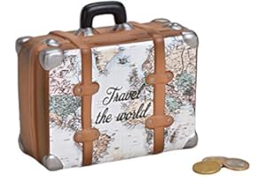 Wurm Splendido salvadanaio da viaggio a forma di valigetta, con mappa del mondo, tappo e scritta in lingua inglese