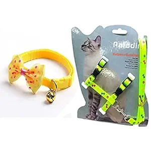 Woofy 1Pc Cat Collars with Bow Tie and Bell 1Pc Cat Body Paw n Bone Print Harness Leash Nylon Set 10mm Adjustable Puppies Kitten Or Certain Puppies Necktie Collar, Pack of 2 (Color May Vary)