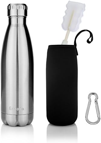 Vacuum Insulated Bottle ENUODA Double Walled Stainless Steel Water Bottle Keeps Drinks 24 Hours Cold &amp; 12 Hot,Vacuum Flask with Brush,Carrier Bag and Carabiner Clip - BPA Free (Silver, 500ml/17oz)