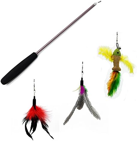 Airven Feather Cat Toy Retractable Wand Interactive Cat Teaser with 3 Replacement Assorted Feathers for Exercising Your Cat and Kitten