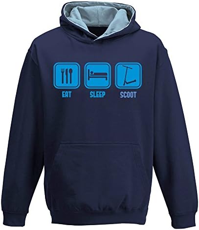 Eat sleep SCOOT, two-tone HOODY, push, kick, stunt scooter, extreme sports, childrens kids boys girls Hoodie, Navy Blue - Sky Blue, 9-11