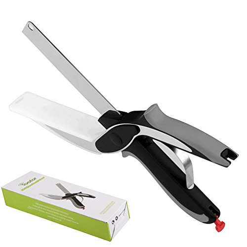 Küchenschere,Yoofor 2 in 1 Multifunktionale Clever Cutter aus rostfreiem Edelstahl, Gemüseschneider und Küchenmesser mit mini Schneidebrett für Salate/ Gemüse/ Fleisch/Kartoffeln und Brot