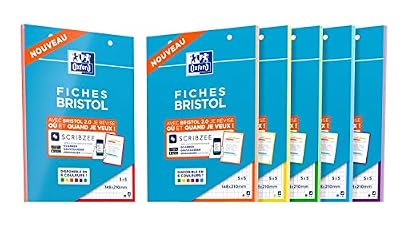Oxford Bloc de FICHES BRISTOL 2.0 148x210mm perforées petits carreaux 5x5mm 30 fiches cadres de couleurs assorties