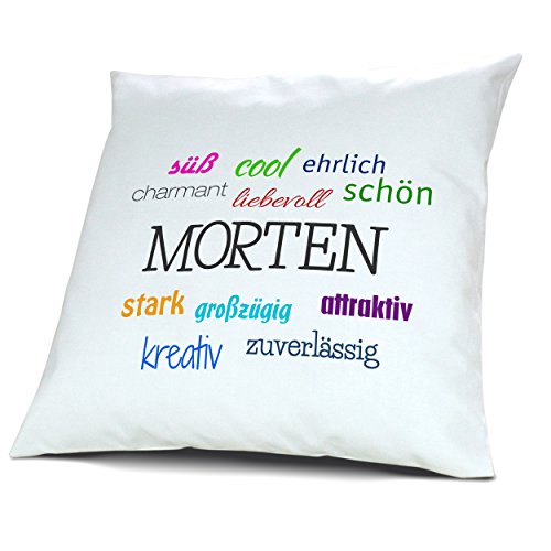 Kopfkissen mit dem Namen Morten, Kissen mit Füllung - Positive Eigenschaften, 40 cm, 100% Baumwolle, Kuschelkissen, Liebeskissen, Namenskissen, Geschenkidee