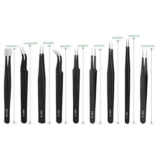 Rightwell 9 Stück Anti Statik Edelstahl Pinzetten mit Aufbewahungstasche,Perfekt für Computer, Elektronische Reparaturen, Schmuck, Labor und Präzisionsarbeit - 2