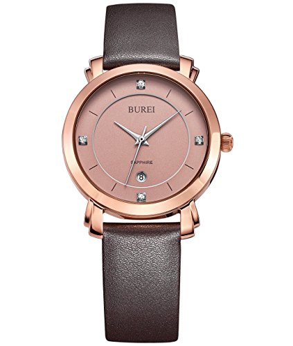 Burei Einfache Damenuhr in Rose Gold Design mit 4 Diamanten Saphir Glas und Kalbslederarmband Burei Einfache Damenuhr in Rose Gold Design mit 4 Diamanten Saphir Glas und Kalbslederarmband