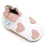 Soft Leather Baby girl Shoes with Suede Soles by Dotty Fish White and Pink Hearts design
