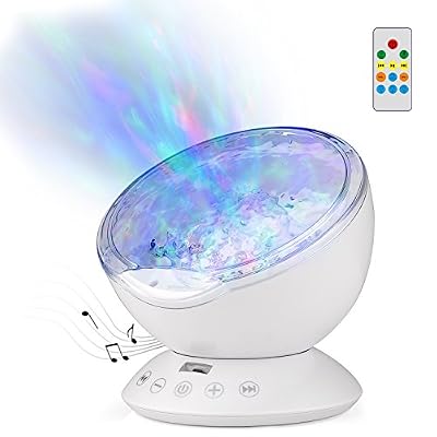 GoLine Océan Lampe Projecteur d'onde avec intégré lecteur de Musique, Télécommande 4 Sons et 7 Lumières et 12 Perles LED Projection Veilleuse pour les enfants Chambre, 1H / 2H / 4H Timer, Slot TF, 3.5 mm entrée Auxiliaire. (NL020-WE)