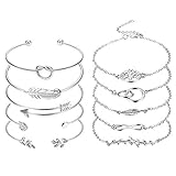 CASSIECA 10 Pièces Bohême Bracelet Manchette Ouvert Bracelet pour Femmes Filles Simple Feuille Infini Plumes Demoiselle d'honneur Bracelet Chaîne Cadeaux Bijoux Réglable