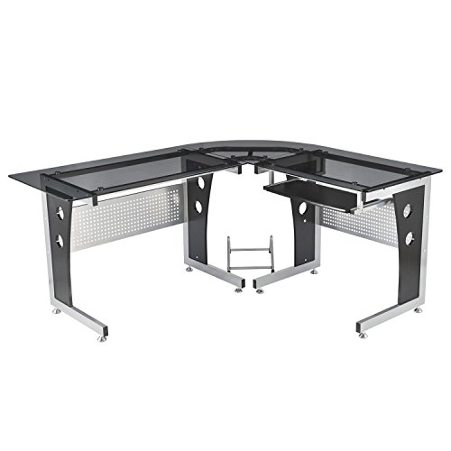 BUREAU D'INFORMATIQUE ANGLE POUR ORDINATEUR MEUBLE TABLE DE TRAVAIL PLATEAUX EN VERRE FUME TREMPE NEUF 19