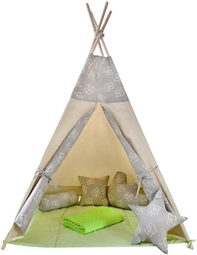 YaYaZo TEEPEE WIGWAM TENT PLAY HOUSE WITH FLOOR MAT BLANKET 4 CUSHION SET COTTON Grey