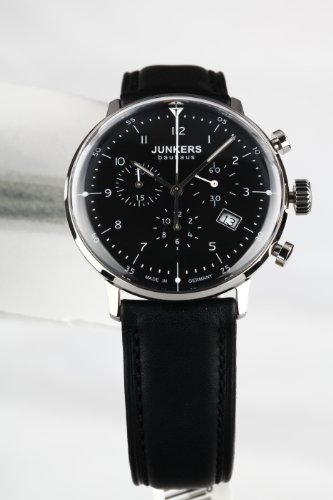 Junkers Men's Bauhaus Quartz Watch with Black Dial Chronograph Display and Black Leather Strap