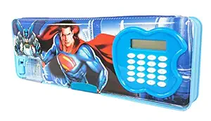 Shifaa Enterprise Multipurpose Magnetic Pencil Box with Calculator and Dual Sharpener for Girls & Boys for School, Big Size Cartoon Printed Pencil Case for Kids (Superman Blue)