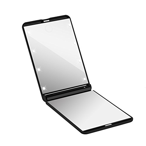 GHB Faltbar Kosmetikspiegel mit 8 LED Beleuchtung Doppelseitiger Schminkspiegel mit 1 und 2-facher Vergrößung Schwarz