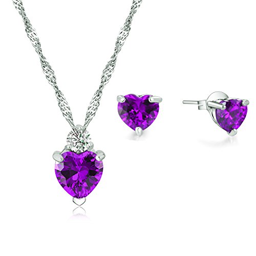 Majesto Juego de Joyas - 925 Plata esterlina Plateado Conjunto Colgante de Collar y Pendientes corazón Morado Cristal para Mujer Adolescente niña pequeña mamá - Accesorio de joyería de Regalo Premium