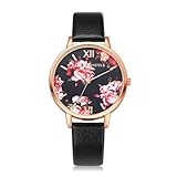 Damen Stilvoll Uhren, Keepwin Frauen Retro Blumen Muster Quarzuhr Klassisch Römische Zahlen Uhr Casual PU Lederband Analog Armbanduhr (Black)