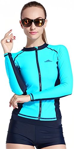 SANANG Women Men Upf 50+ Long Sleeve Rash Guard Zipper Shirt Swimwear Surf Diving Snorkeling SwimmingTops (Blue Women, Medium)