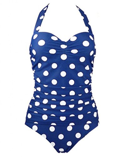 50s Retro Vintage Flora Print White Polka One Piece Swimwear Monokinis Large Navy Blue