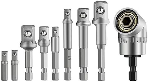 105 Degree Right Angle Driver Angle Extension Power Screwdriver Drill + 8Pcs Socket Adapter Impact Hex Shank Drill Bits Bar Set 1/4" 3/8" 1/2" for Drill CR-V Quick Change Nut Driver Socket Bit Set