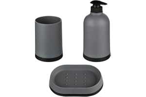 Avilia Juego de baño Completo de 3 Piezas – Kit de baño con dispensador de jabón, Vaso de baño y jabonera – Juego de baño Moderno con Soporte de jabón y Vaso – Gris