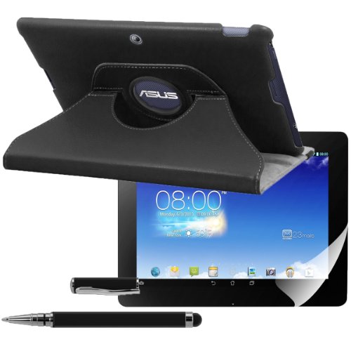 3in1 Set: kwmobile Hülle für Asus Memo Pad FHD 10 ME302C - 360° Standfunktion Case Tablet Schutzhülle Kunstleder - Smart Cover Tabletcase Schwarz + Folie, kristallklar + Stylus, Schwarz