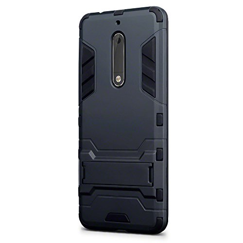 Nokia 5 Carcasa H  brida de Silicona   Polycarbonato Doble Resistencia  y soporte para mesa - Negro oscuro