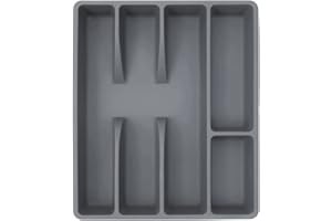 Kopinma Organizador de cubiertos para cajones, organizador de cubiertos, organizador de cubiertos, tenedores, cuchillos, batidores, 5 compartimentos, bandeja de plástico