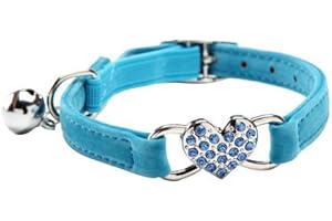 Collar de gato con campana de Chukchi, hecho de terciopelo suave y seguro, ajustable, con corazón de cristal, de 20 a 28 cm