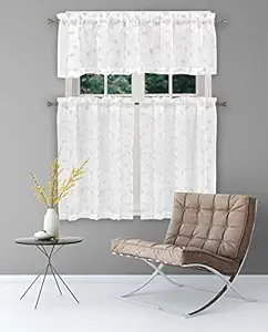 HOME MAISON - Kira Floral Kitchen Window Curtain Tier & Valance Set, 2 28 X 36 Inch | 1 56 X 15 Inch, White