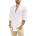 JEKAOYI Mens Summer Casual Long Sleeve Cotton Linen Shirts Buttons Up Solid Plain Roll-Up Sleeve Beach T Shirts White