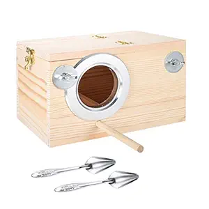 Bird Breeding Nest Parakeet Nesting Box Natural Wood House Parrots Mating Box Aviary Cage with Stainless Steel Feeding Spoon for Lovebirds Cockatoo Budgie Finch Canary Parrotlets Cockatiel Conure