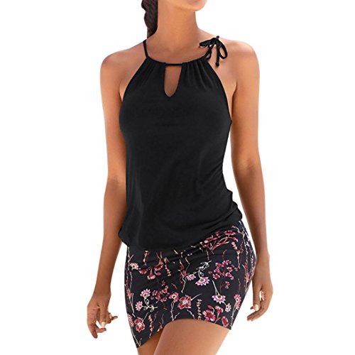 Vestido mujer verano Mini vestido casual sin mangas de playa de impresión retro de mujeres vestido de playa niña Vestido de fiesta Vestir Ropa Falda Chaleco Camisetas Amlaiworld (Negro, S)