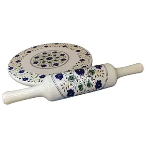 KUVI Printed White Marble Roti Maker with Wooden Belan Enamel Print/White Marble Chakla 10 Inch Diameter with Belan (Printed Enamel Chakla Belan)(Design8)