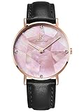Alienwork Damen-Armbanduhr Quarz Rose-Gold mit Lederarmband schwarz pink Perlmutt Ultra-flach Slim-Uhr elegant