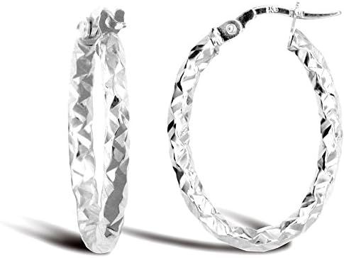 Ladies 9ct White Gold Hammered Faceted Oval 2.5mm Hoop Earrings