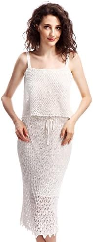 Avoir Aime Women's Long Crochet Sleeveless Loose-Top Beach Dress With Waist Tie - White, M