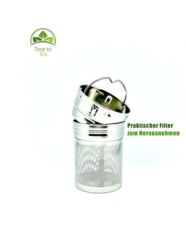 Time to Tea© Edel-Glas Tee-Bereiter und Fruit-Infuser mit Thermo-Funktion | hochwertige, doppelwandige Tee-Flasche mit Edelstahl-Sieb & Bambus-Deckel | Thermo-Trinkflasche ideal für Unterwegs, die Arbeit oder Uni | 450ml BPA-frei - 4