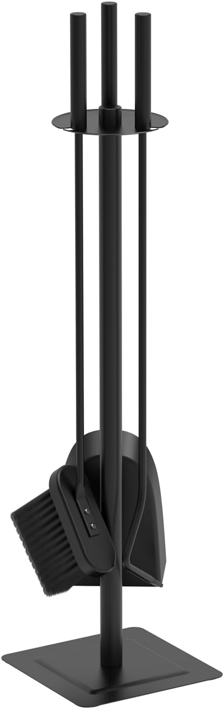 VOUNOT® Kit Utensilios Chimenea 4 Piezas, Juego de Accesorios para Chimenea, Herramientas Chimeneas de Hierro Forjado, Atizador, Escoba, Pala y Soporte, Negro