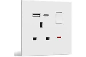 BSEED Single Socket with USB C, Electrical Single Switched Power Plug Wall Socket with LED Indicator, PC Wall Plate Outlet, White, 13A