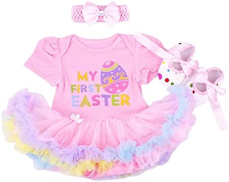 PRINCESS LILY Baby Ballerina Girl Colourful Printed 3 Pieces Gift Set: Short Sleeve Bodysuit Dress Headband Shoes Newborn Birthday Novelty Dress Up (0-24 months) (Pink Egg, Medium (3-6m))
