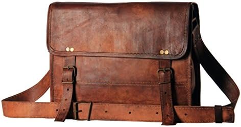 HandMadeCart Genuine Natural Leather Simple Satchel Bag (for 15" Macbook and Laptop) Brown Classic Messenger School Bag for Men and Women