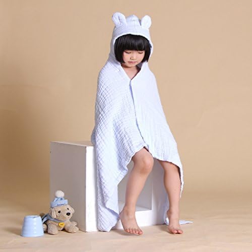 USONG Organic Cotton 6 Layer Muslin Hooded Children Bath Towel Baby Blankets with Bear Ears (Blue)