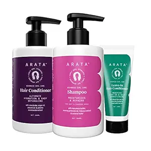 Arata Advanced Curl Care Curly Hair Shampoo (300 ML), Rinse-Out Conditioner (300 ML) & Leave-In Conditioner (100 ML) | Hibiscus Extract, Coconut Water & Shea Butter | Cleanses & Conditions Curls | CG Approved