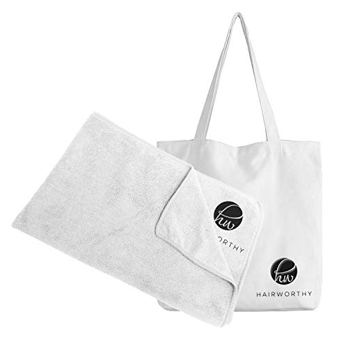 Toalla de microfibra Hairworthy Hairmbrace. Toalla super absorbente de alta calidad de 55 x 99 cm, perfecta para cabellos rizados, lisos y ondulados sin frizz. Bolso de mano blanco incluido.