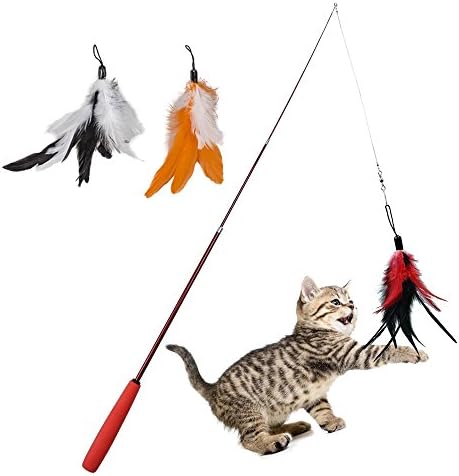 [AIDIYA] Cat Dangler Toy Training Telescopic Interactive Retractable Natural Feather Wand Cat Toy with 3 x Feather Refills (Red)