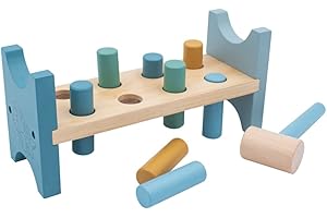 jumini Toy Wooden Hammer Bench - Pound a Peg with Wooden Hammer and 8 Wood Pegs - great Hammering Baby Toy Gift for Babies, 12months, 1, 2,3 and 4 Year Olds - Retro Pastel Colours (Blue Dinosaur)