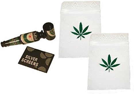 Pipe-Pipe Beer bottle – 5 silver screen filters – 2 pouches with cannabis print – shisha – nargile