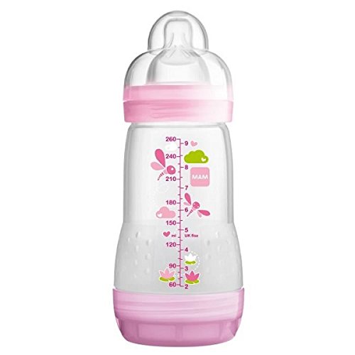 Mam Anti-Colic Baby Bottle 260ml 0-6 Months Flow 2 - Colour : Transparent pink with patterns