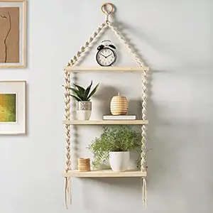 Decazone Macrame Wall Hanging 3-Tier Floating Shelves Natural Pine With Wooden Ring Bohemian Hand Woven Decor Bookcase Display Storage Rack Multi functional for Entryway Living Room Bedroom Home Office Kitchen Beige 105 x 40 cm