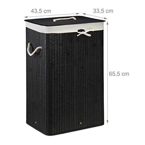 Relaxdays Wäschekorb Bambus HxBxT: ca. 65,5 x 43,5 x 33,5 cm faltbare Wäschetruhe rechteckig mit einem Fassungsvolumen von 83 L mit Wäschesack aus Baumwolle zum Herausnehmen als Wäschepuff, schwarz - 4